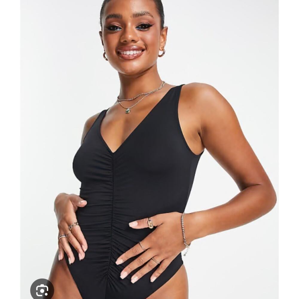 Nordstrom Open Edit NWT Black Ruched Tank Top Bodysuit Womens Size XS